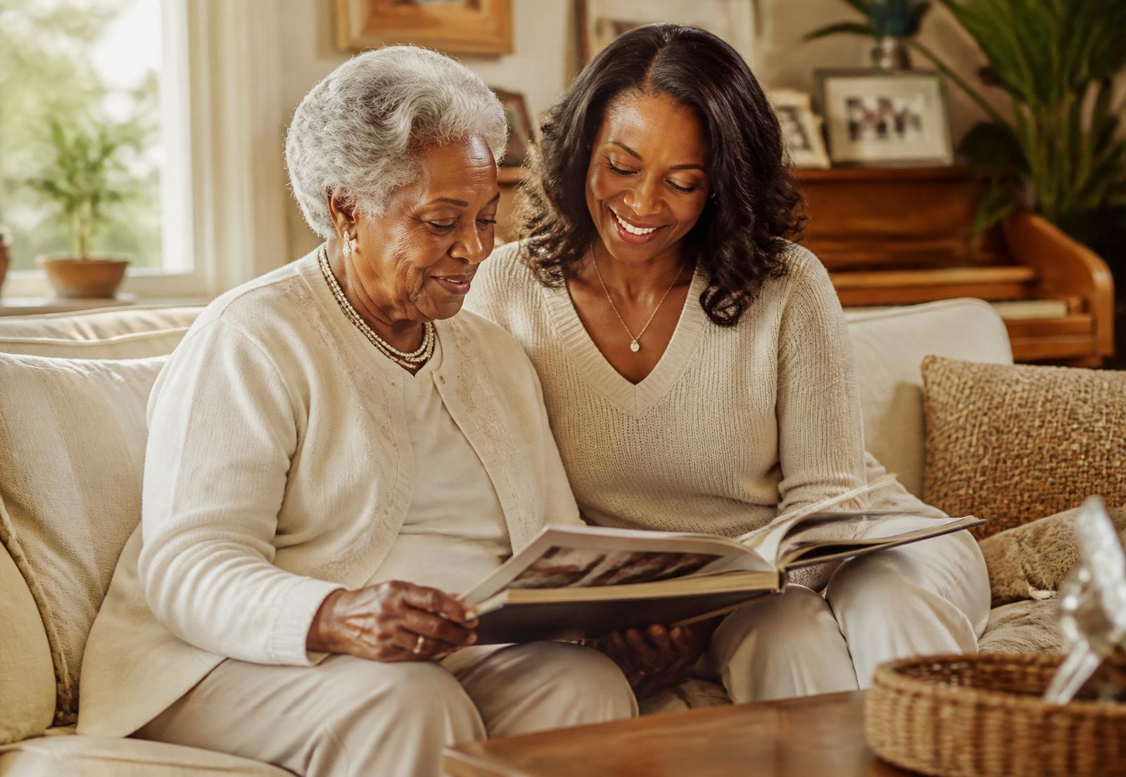 A caregiver and senior resident looking through a photo album in a warm Maryland senior living community common area