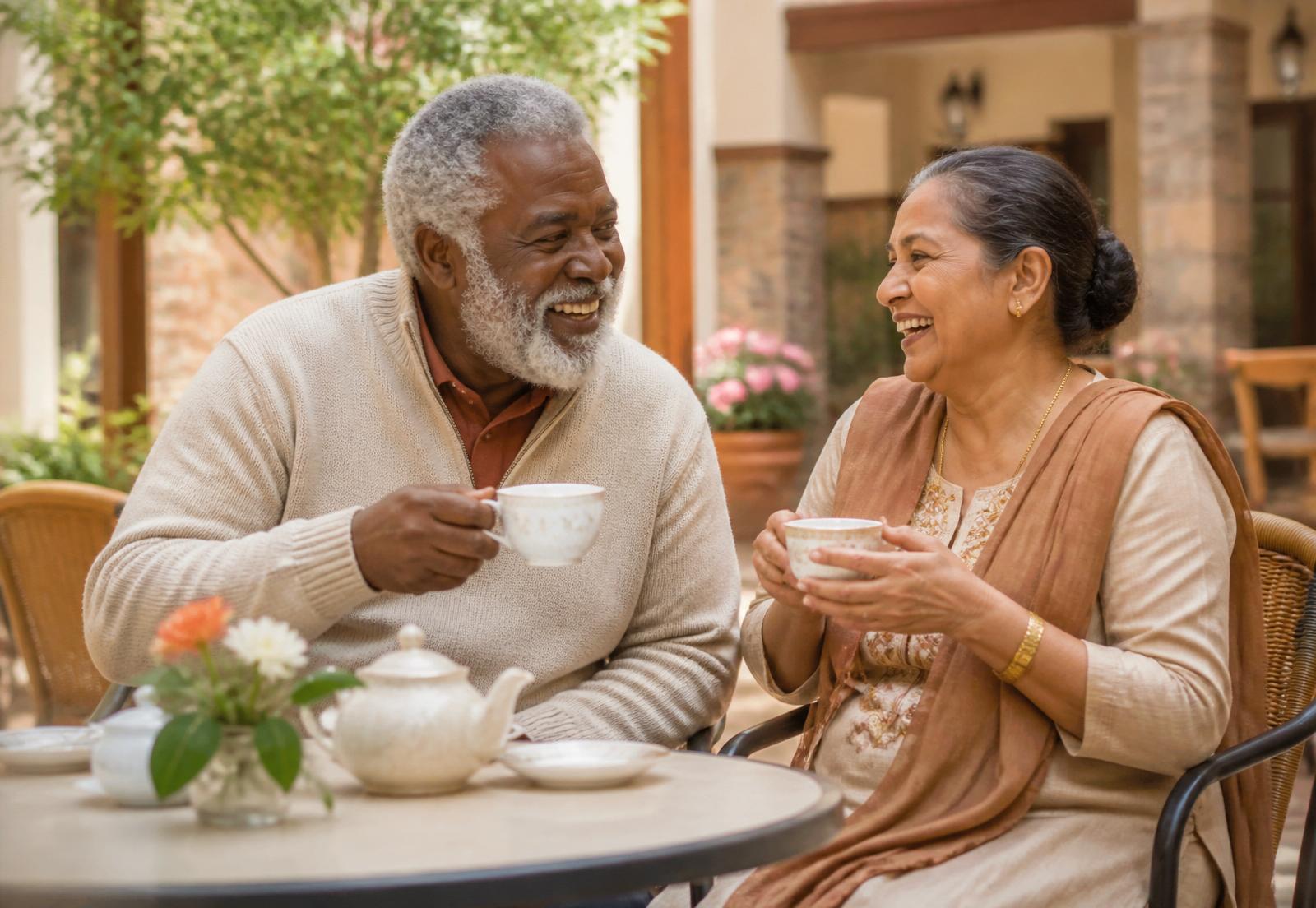 Two senior friends laughing over tea in a Maryland senior community courtyard