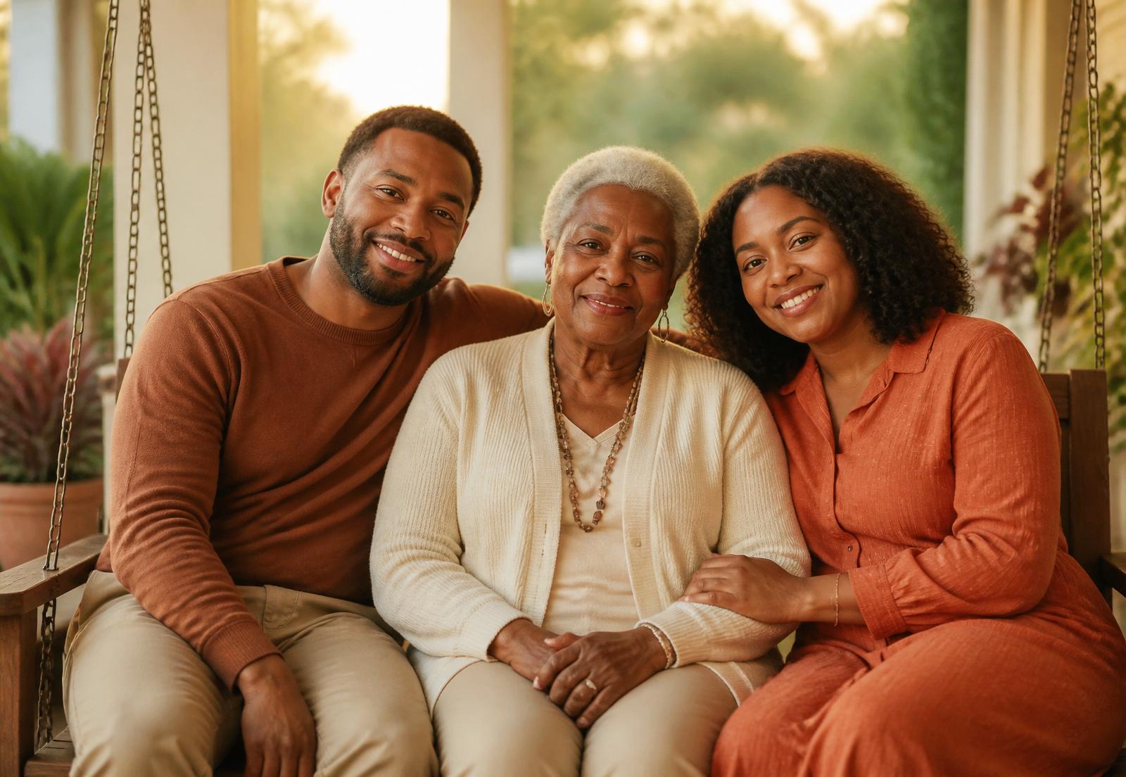 A multigenerational family sitting together on a senior community porch swing at golden hour